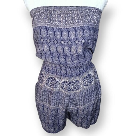 TRIXXI BLUE & CREAM STRAPLESS ROMPER SZ.L EUC - Picture 2 of 8